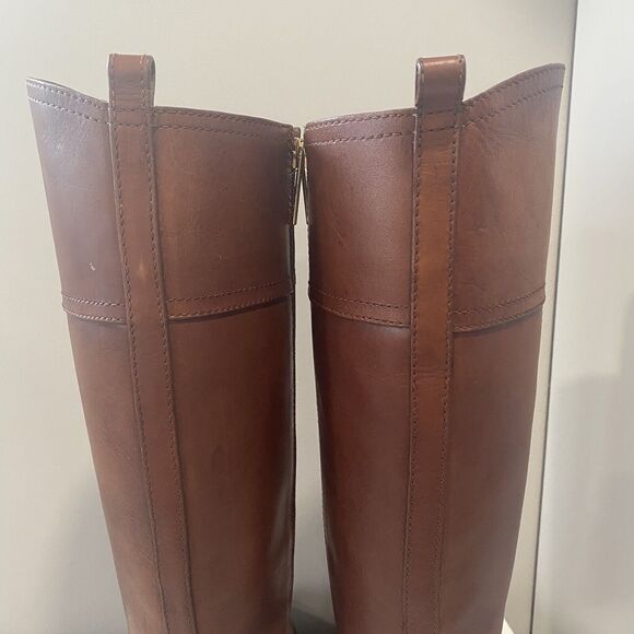 TORY BURCH BRITA Brown Leather Riding Boots 7.5 Gold Logo Tall Knee High Womens - Picture 11 of 16